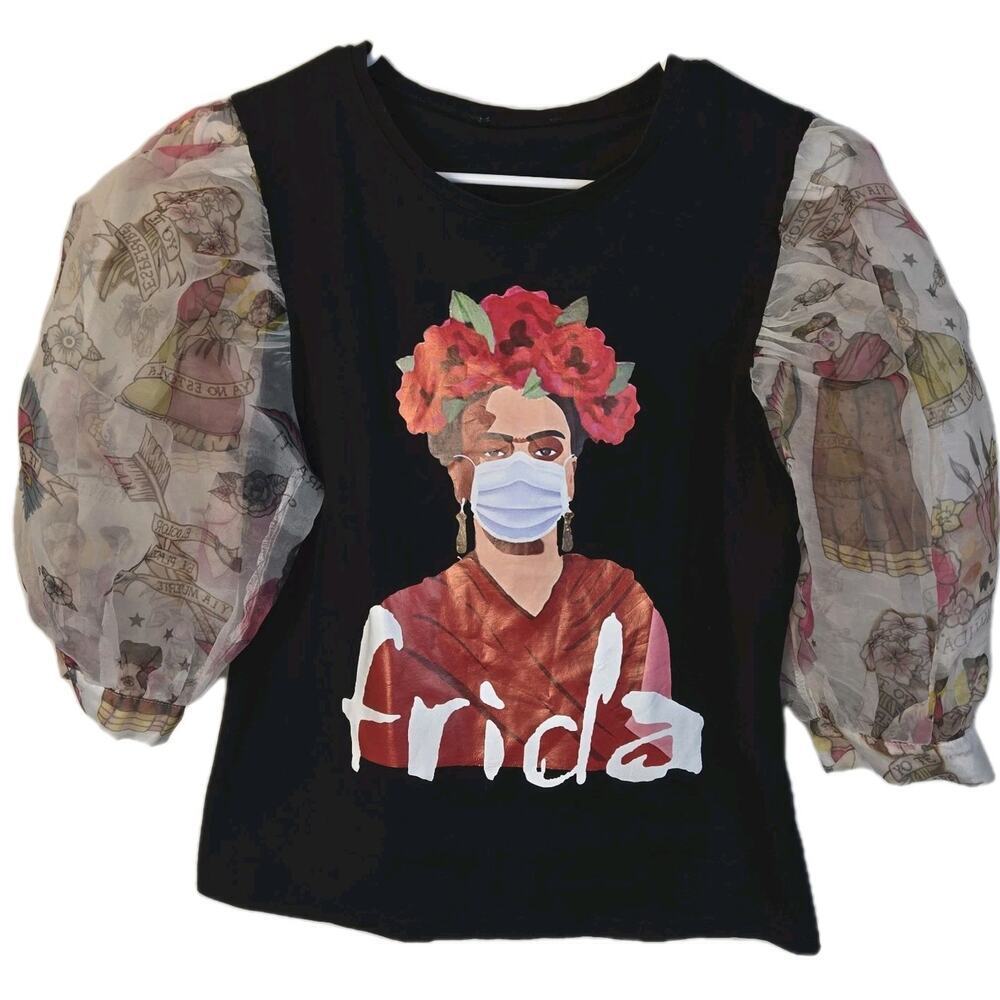Frida Kahlo Portrait Top Sheer Puff Sleeves SMALL ART TO WEAR Steampunk Grunge